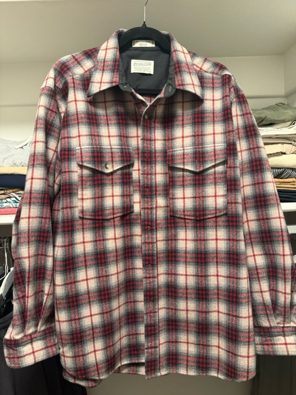 Pendleton Red and Cream Plaid Wool Button-Up Shirt